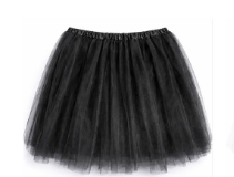 Black tutu with a gathered waistband and layered tulle skirt.