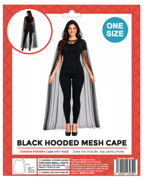 Sheer black hooded mesh cape worn over a black top and pants, supplier packaging labelled One Size