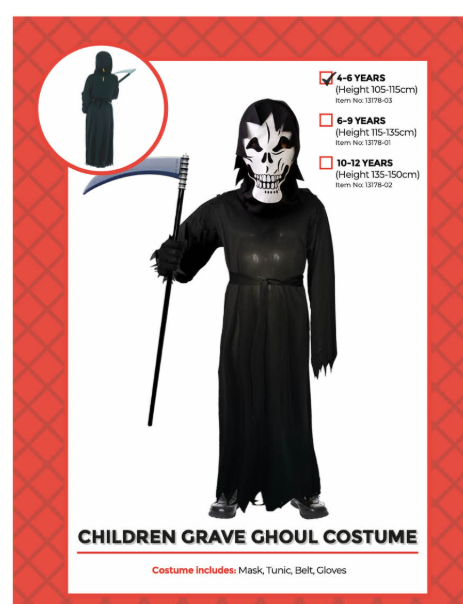 Children’s Grave Ghoul costume with skull mask, long black tunic, belt and gloves, shown on 4–6 years packaging with a separately sold scythe.