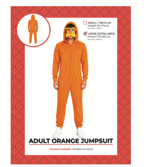 Adult orange hooded jumpsuit costume Large/Extra Large packaging showing height guide 175–185 cm