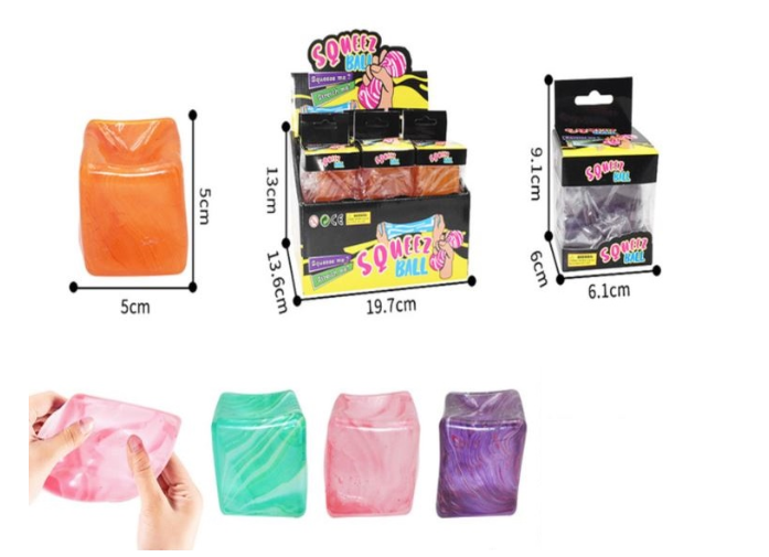Flowing cube squishy toys in translucent pastel colours including pink, teal, lilac and orange with smooth gel filling