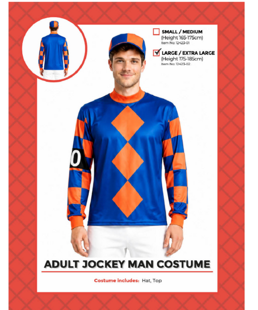 Adult jockey costume with blue and orange top and matching hat, packaging marked Large/Extra Large, height 175–185 cm