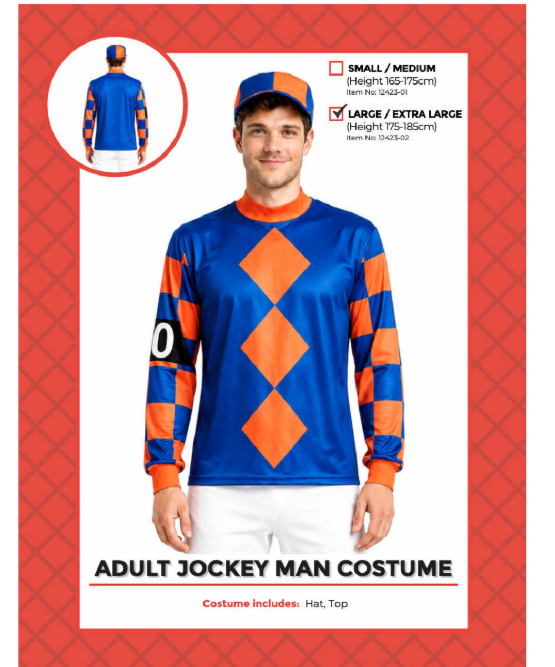 Adult jockey costume with blue and orange top and matching hat, packaging marked Large/Extra Large, height 175–185 cm