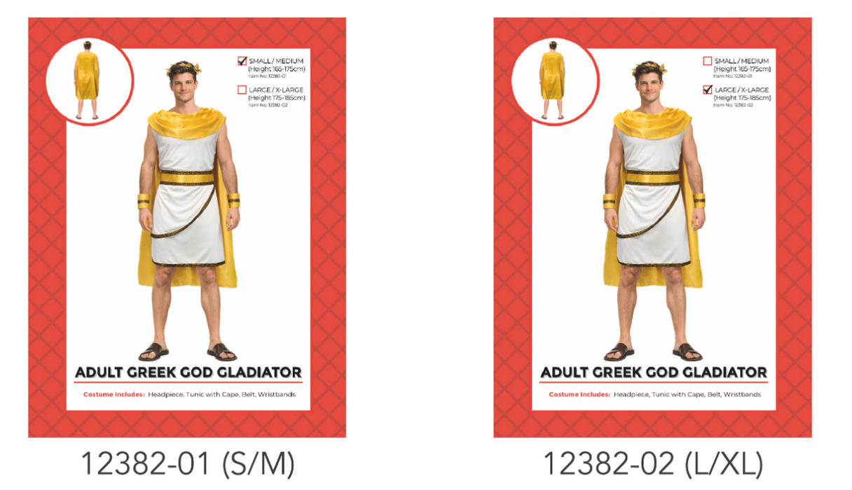 Adult Greek God Gladiator Costume Small Medium - white and gold tunic with cape, headpiece, belt and wristbands