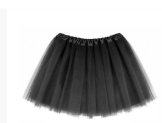 Short black tutu with a gathered waistband and layered tulle skirt.