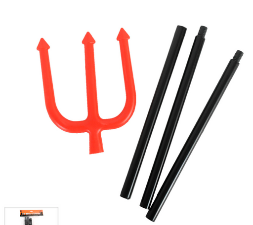 Red three-pronged devil fork head beside three separate black handle sections, SKU 23110-01