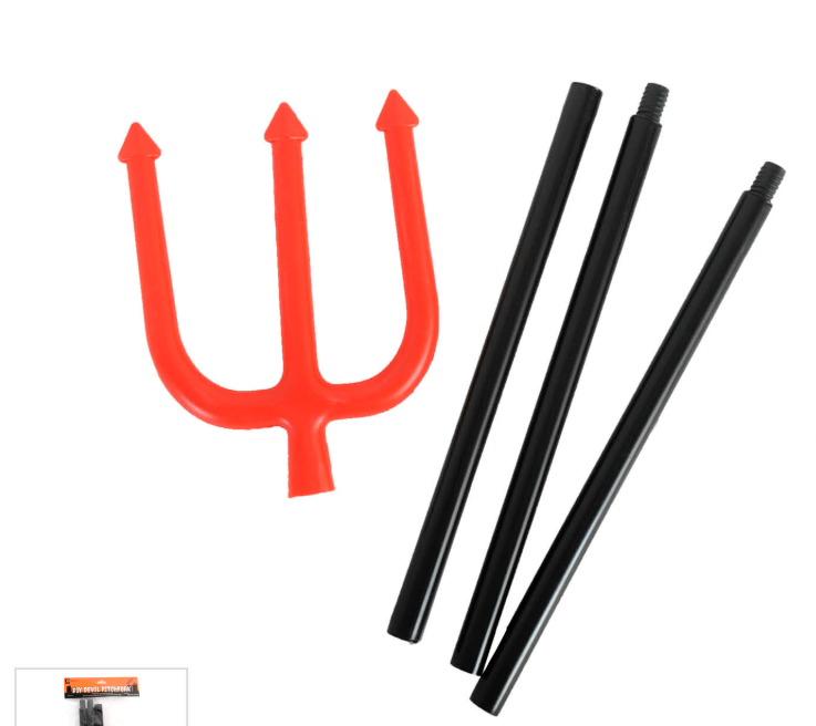 Red three-pronged devil fork head beside three separate black handle sections, SKU 23110-01