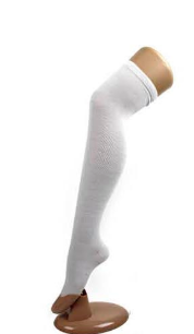 White over-the-knee costume sock shown on a display stand
