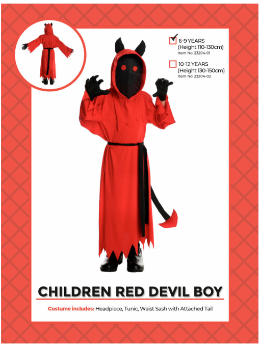 Children’s red devil costume with black horns, red tunic and black waist sash with pointed tail, shown on 6–9 years packaging.