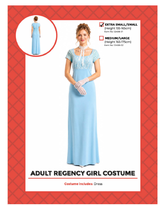 Adult light blue Regency lady costume dress with short sleeves and a long skirt, shown on XS/Small packaging with front and back views.