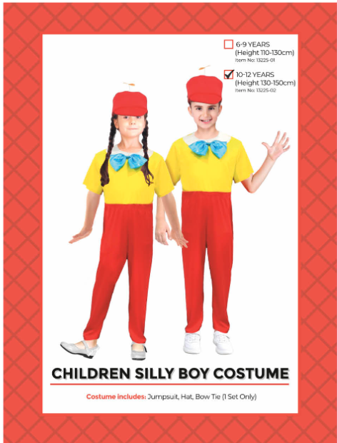 Children Silly Boy Costume 10-12 Years - yellow jumpsuit with red pants, blue bow tie and red hat