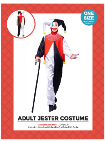 Adult Jester Costume - black white and red jumpsuit with collar, hat, cane and belt