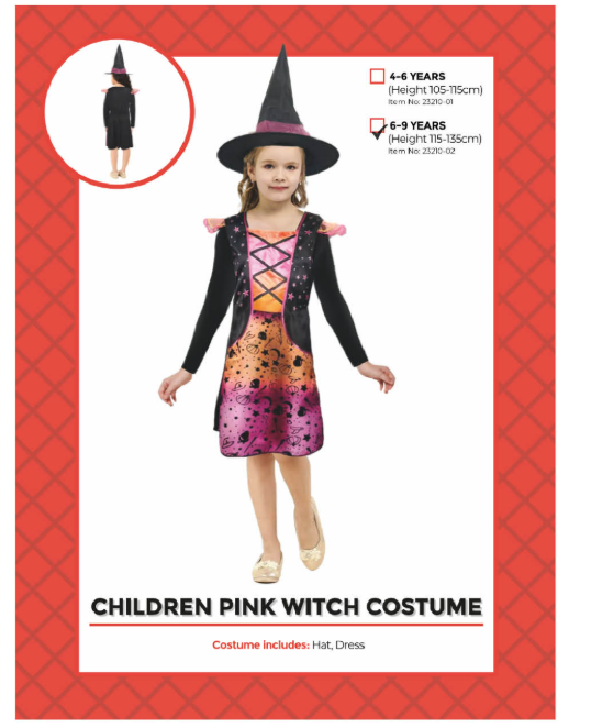 Children’s pink witch dress with black sleeves, pink-and-orange patterned front and matching pointed black hat, shown on 6–9 years packaging.
