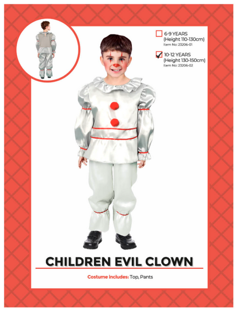 Children's evil clown costume with pale grey top and pants and red details, packaging marked 10–12 years, height 130–150 cm