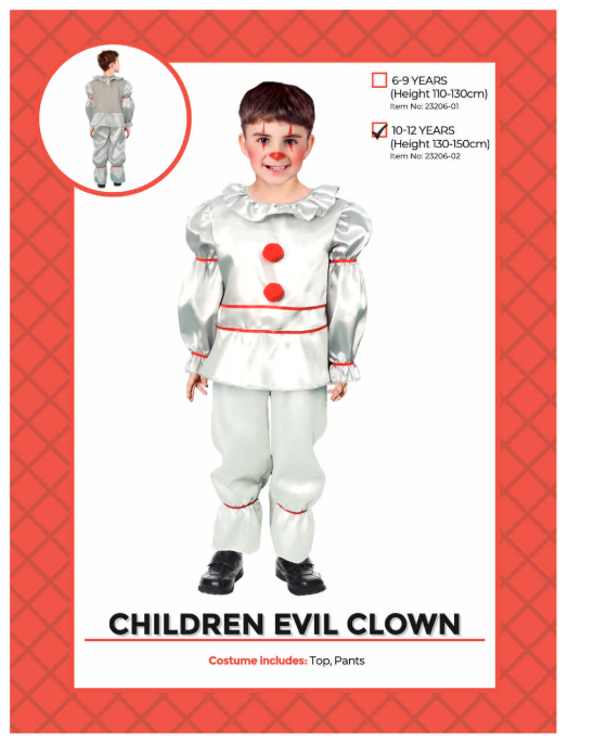 Children's evil clown costume with pale grey top and pants and red details, packaging marked 10–12 years, height 130–150 cm