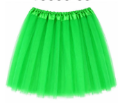 Green tutu with a gathered waistband and layered tulle skirt.