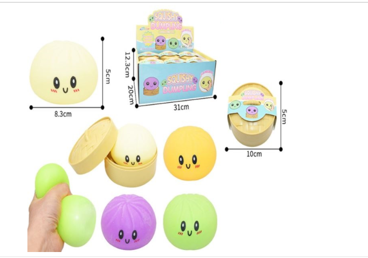 Large steamed bun squishy toys in bamboo steamer trays, assorted pastel colours including white, yellow, green and purple