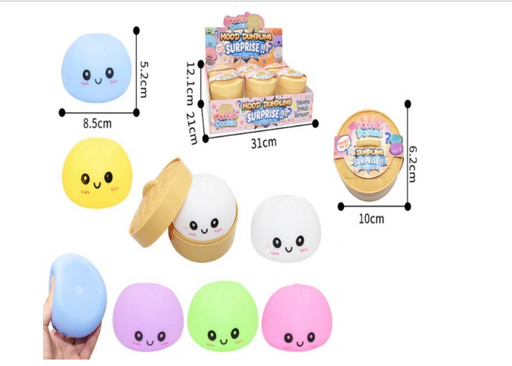 Squeeky steamed bun squishy toys in assorted pastel colours including blue, yellow, purple, green and pink