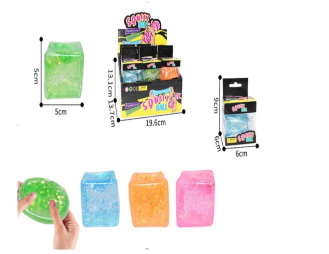 Glitter cube squishy toys in translucent colours including green, blue, orange and pink with sparkling gel filling