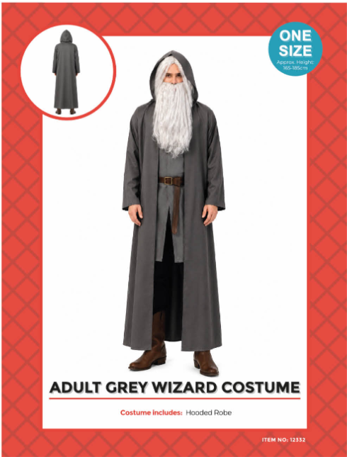 Adult Grey Wizard Costume - full length grey hooded robe one size
