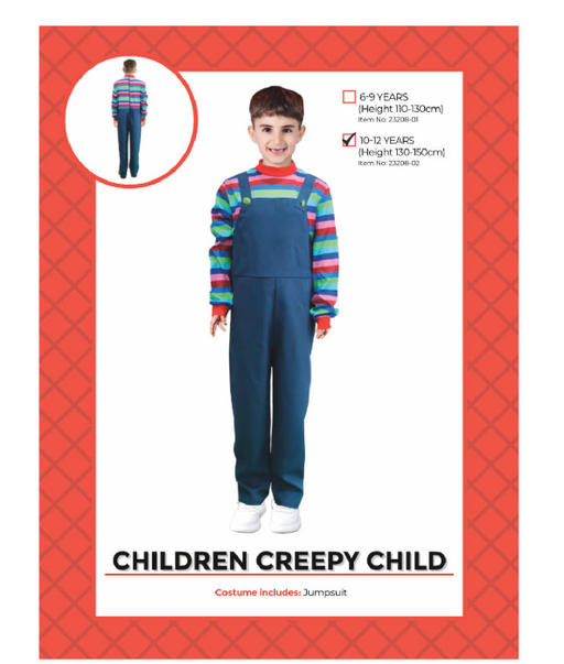 Children's Creepy Child jumpsuit with colourful striped sleeves and blue overall-style design, packaging marked 10–12 years