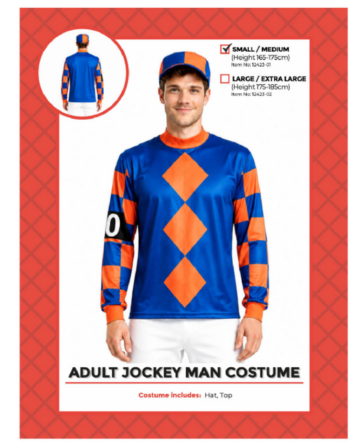 Adult blue and orange jockey costume with diamond-front top, checked sleeves and matching hat, Small/Medium packaging