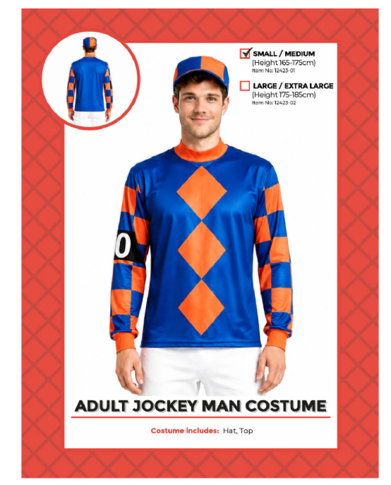 Adult blue and orange jockey costume with diamond-front top, checked sleeves and matching hat, Small/Medium packaging