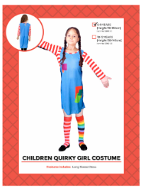 Children Quirky Girl Costume 6-9 Years - blue pinafore dress with colourful patches, striped top and rainbow socks