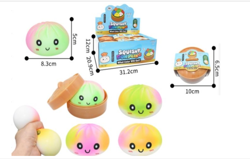 Colourful rainbow gradient steamed bun squishy toys in bamboo steamer trays showing pink, yellow and green colour combinations