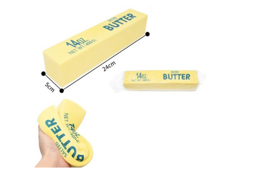 Large salted butter squishy toy showing realistic 24cm butter block design