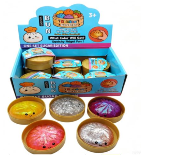Sparkling steamed bun squishy toys in bamboo steamer trays, Sugar Edition mystery colours including yellow, silver and pink