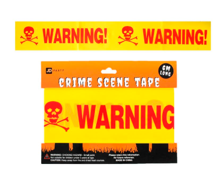Yellow decorative Warning crime scene tape with red lettering and skull-and-crossbones motifs, 6m pack