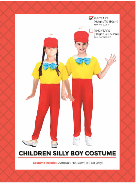 Children Silly Boy Costume 6-9 Years - yellow jumpsuit with red pants, blue bow tie and red hat