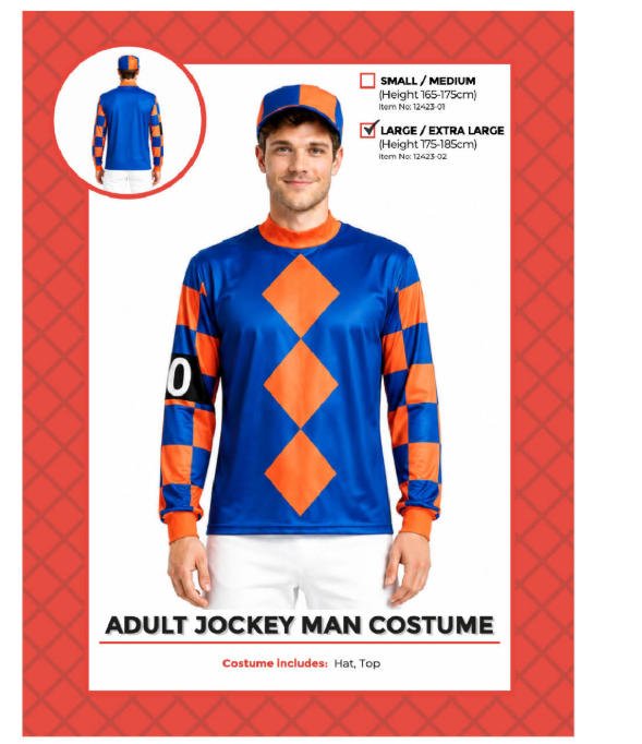 Adult blue and orange jockey costume with matching hat, Large/Extra Large packaging showing wearer height 175–185 cm