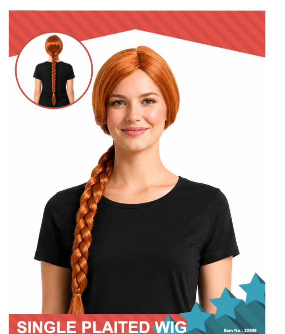 Copper-orange costume wig with centre part and long single plait, shown on a model with rear-view inset