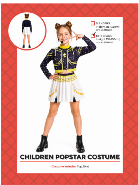 Children Pop Star Costume 10-12 Years - front view