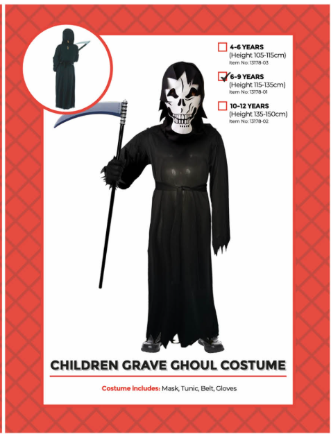 Children’s Grave Ghoul costume with skull mask, long black tunic, belt and gloves, shown on 6–9 years packaging with a separately sold scythe.