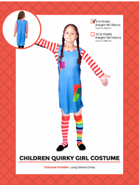 Children Quirky Girl Costume 6-9 Years - blue long sleeve dress with colourful patches and red white striped sleeves