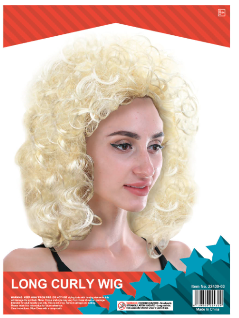 Long curly blonde costume wig shown on a model