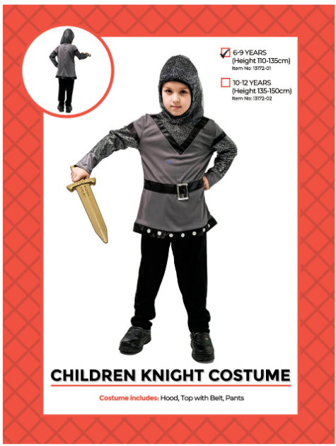 Children's Knight Costume - hood, top with belt and pants