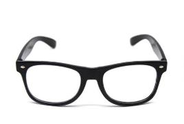 Black Wayfarer-style costume glasses with clear lenses and small silver-coloured corner details.