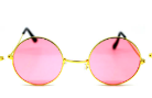 Round pink-lensed hippie costume glasses with gold-coloured frames.