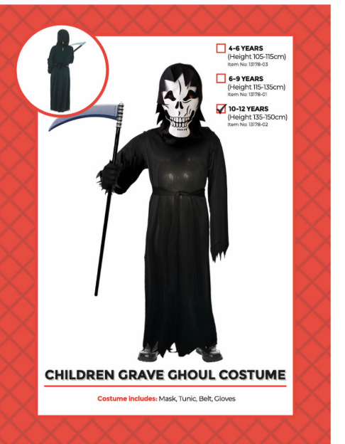 Children’s Grave Ghoul costume with skull mask, long black tunic, belt and gloves, shown on 10–12 years packaging with a separately sold scythe.