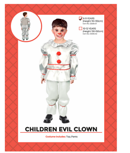 Children's evil clown costume with pale grey top and pants and red details, packaging marked 6–9 years, height 110–130 cm