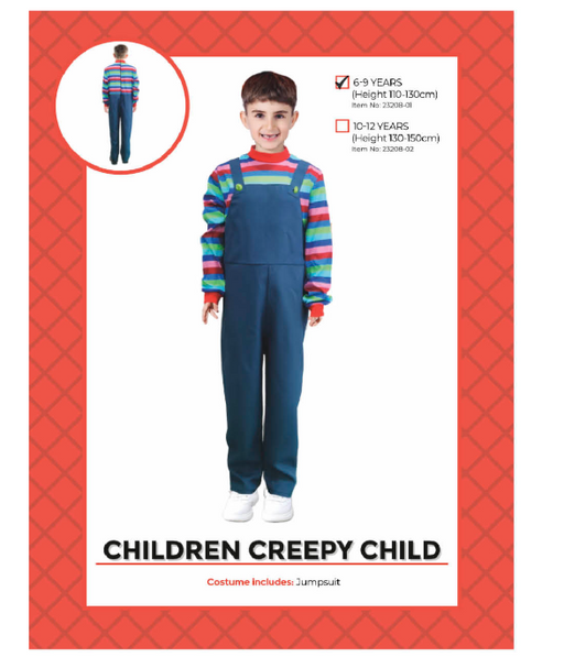Children's Creepy Child jumpsuit with colourful striped sleeves and blue overall-style design, packaging marked 6–9 years