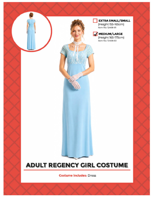 Adult light blue Regency lady costume dress with short sleeves and a long skirt, shown on Medium/Large packaging with front and back views.