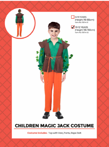 Children Magic Jack Costume 10-12 Years - green top with brown ivy vest, orange pants and rope belt