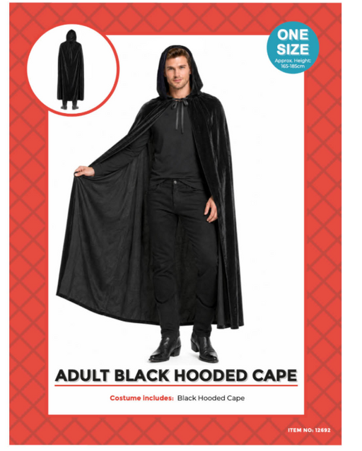 Adult black hooded cape shown worn over black clothing, supplier packaging labelled One Size