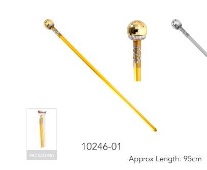 Gold-coloured costume cane with a disco-ball-style top, shown with a detail view and an approximate length of 95 cm.