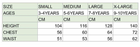 Supplier children’s costume size chart showing Large for ages 7–8, height 128 cm, chest 64 cm and waist 56 cm